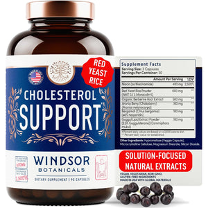 WINDSOR BOTANICALS Cholesterol Supplements - Citrus Bergamot, Niacin, Red Yeast Rice, Berberine, Aronia Berry Extract to Support Normal HDL and LDL Cholesterol Levels - 90 Vegan, Non-Gmo Capsules