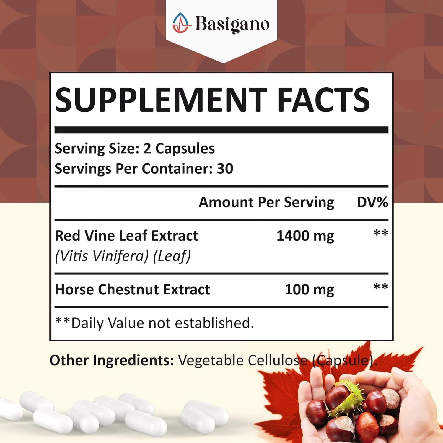 Red Vine Leaf & Horse Chestnut Extract Capsule Supplements (Vitis Vinifera) 1500Mg -Premium Extract for Healthy Veins, Circulation, Heart, Skin (1 Pack)