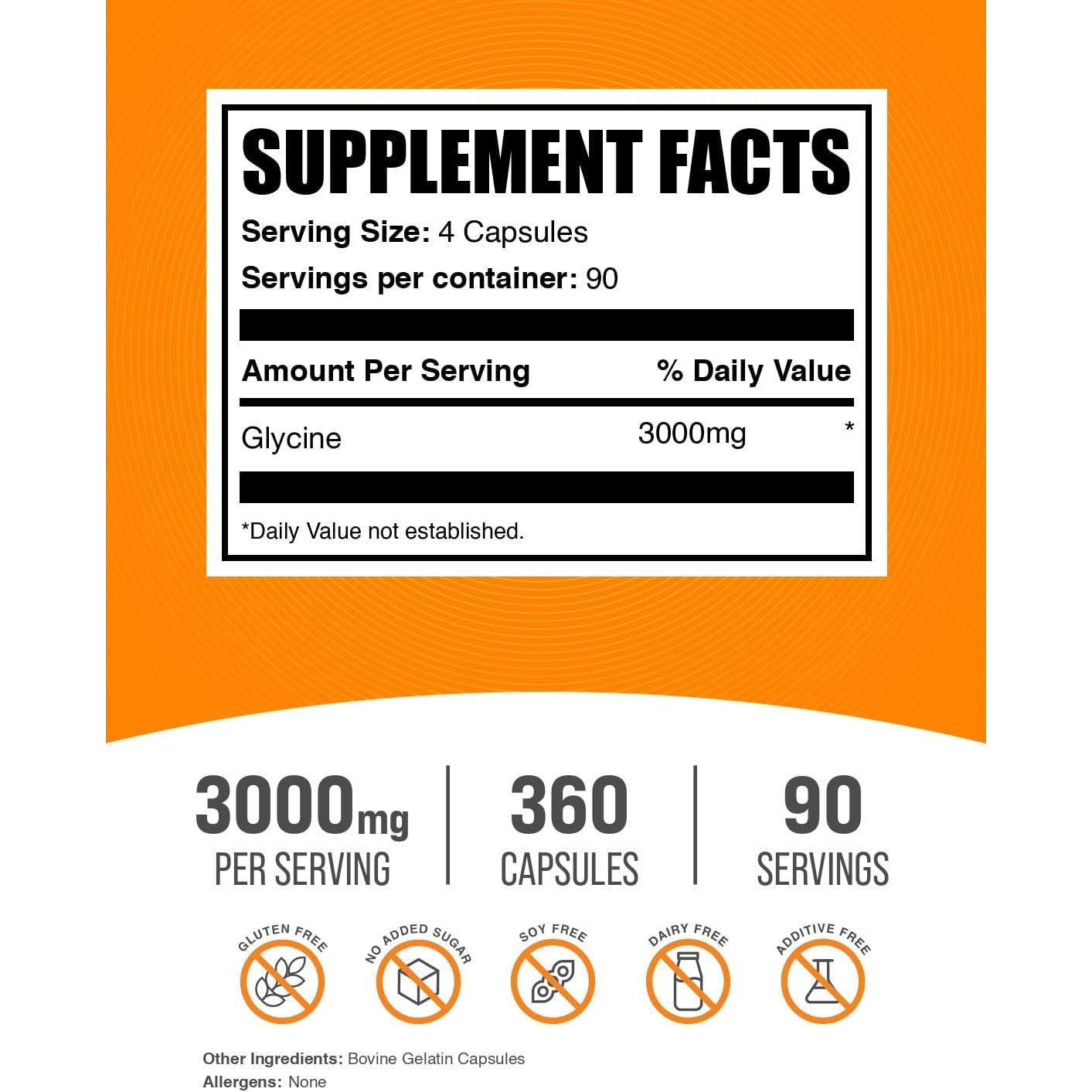 Bulksupplements.Com Glycine Capsules - Glycine Supplements, Amino Acid Supplement - Gluten Free, 4 Capsules per Serving, 360 Count (Pack of 1)