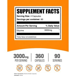 Bulksupplements.Com Glycine Capsules - Glycine Supplements, Amino Acid Supplement - Gluten Free, 4 Capsules per Serving, 360 Count (Pack of 1)