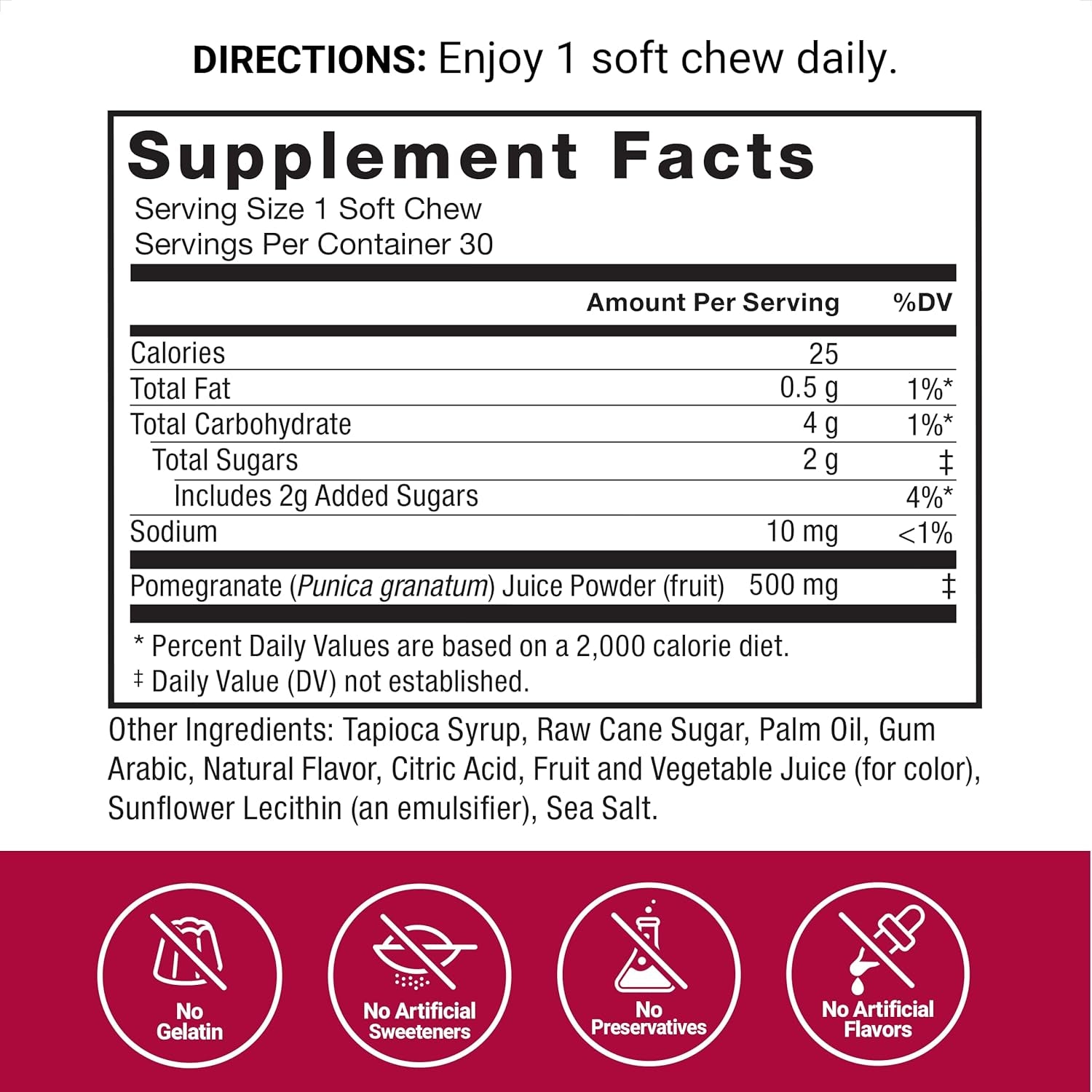 Force Factor Pomegranate Soft Chews for Healthy Aging, Heart, Bone, & Brain Health, Made with Real & Premium Pomegranate Juice Powder, Non-Gmo, Gluten-Free, Vegan, Pomegranate Flavor, 30 Soft Chews