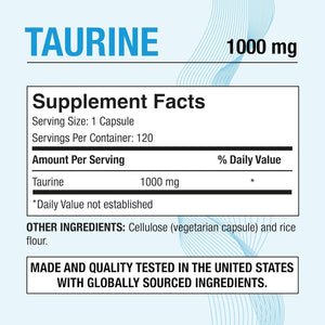 Puregen Labs Taurine 1000Mg [High Potency] 120 Veg Capsules | No Harmful Additives | Non-Gmo, NO Gluten and Dairy - 120 Servings