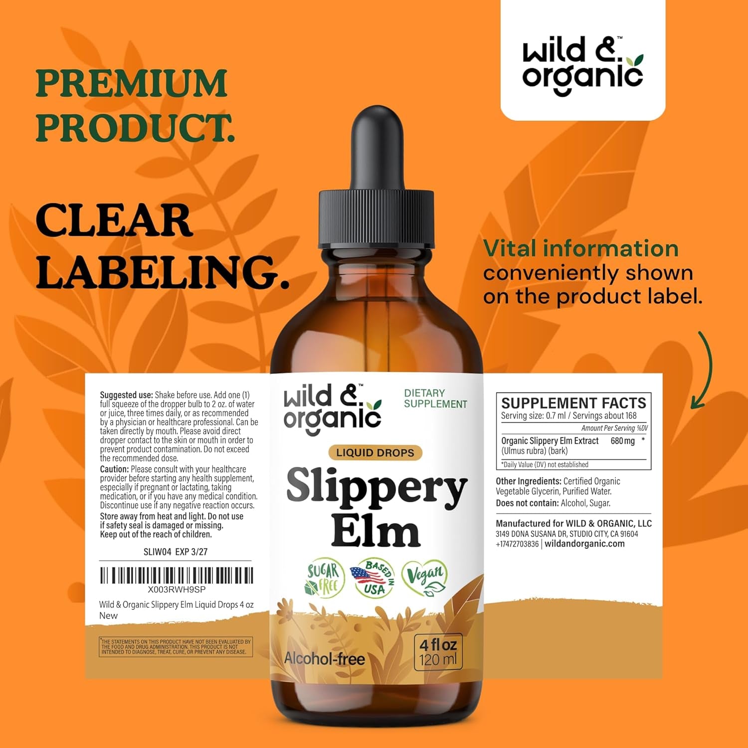 Wild & Organic Slippery Elm Liquid Drops - Lung, Digestive & Women'S Support - Slippery Elm Bark Supplement - Add to Tea Tincture - Ulmus Rubra Herb - Vegan, Sugar & Alcohol-Free - 4 Fl Oz