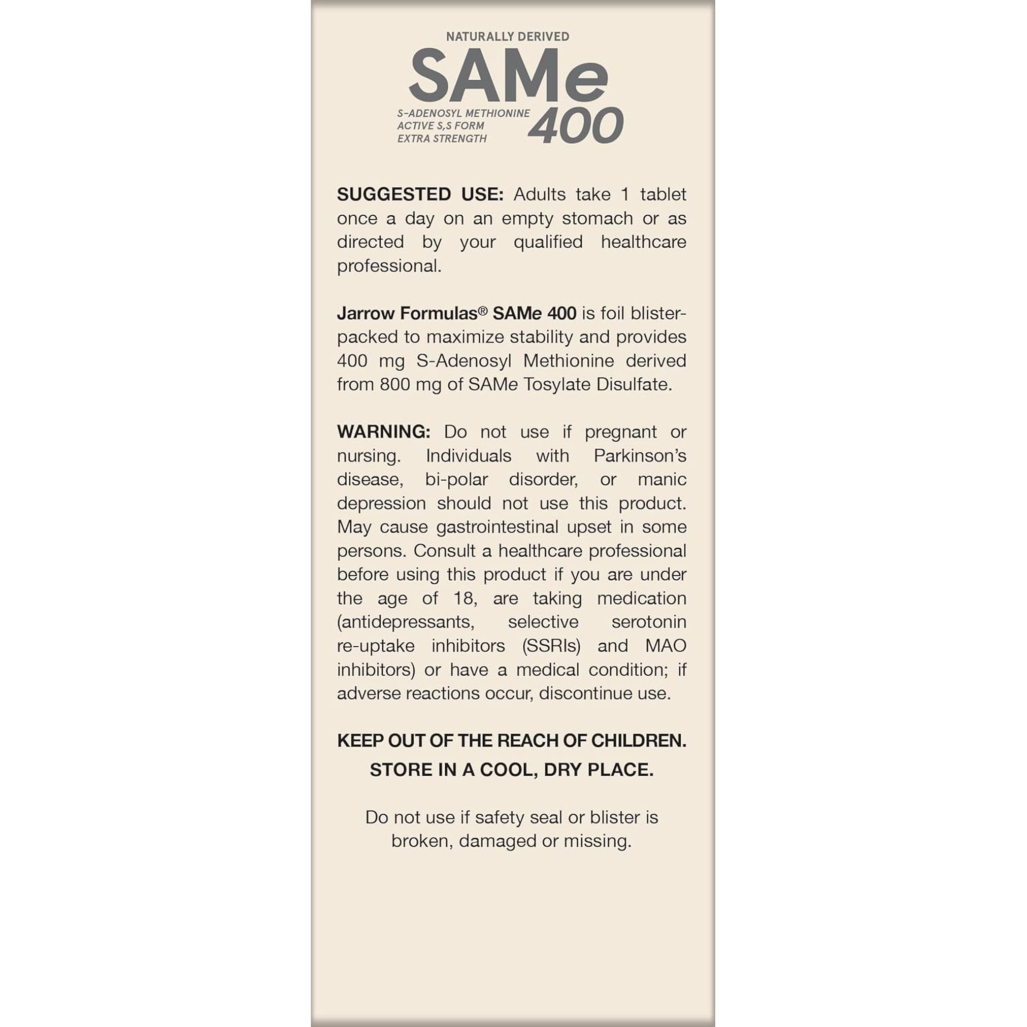Jarrow Formulas Same Supplement 400 Mg - 60 Tablets - High Concentration of Active S,S Form - Supports Joint Health, Liver Function, Brain Metabolism, Balanced Mood & Antioxidant Defense - 60 Servings