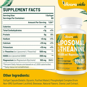Vivaravida L-Theanine 800Mg Supplement with GABA and Magnesium Glycinate - Natural Compound, Sleep and Relaxation (60 Softgels)