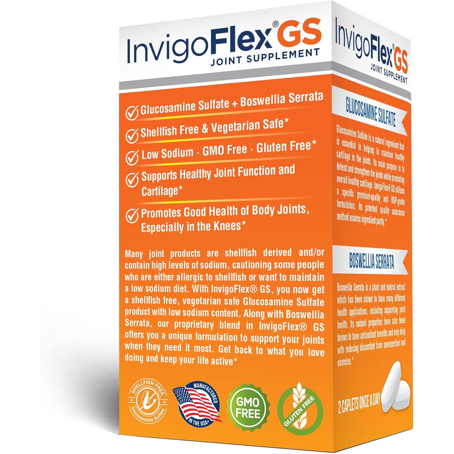 INVIGOFLEX® GS - Glucosamine Sulfate (Shellfish Free, Sodium Free & Vegetarian Safe) Non GMO, Gluten Free - with Boswellia Serrata - Knees, Hands, Back, and Hip Premium Joint Supplement
