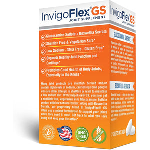 INVIGOFLEX® GS - Glucosamine Sulfate (Shellfish Free, Sodium Free & Vegetarian Safe) Non GMO, Gluten Free - with Boswellia Serrata - Knees, Hands, Back, and Hip Premium Joint Supplement