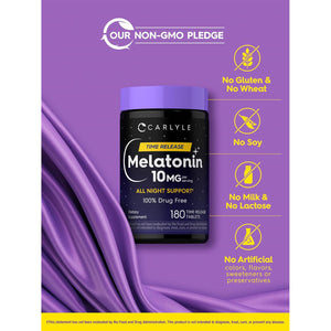 Carlyle Melatonin 10Mg | 180 Time Release Tablets | All Night Support | with Vitamin B6 | 100% Drug Free Supplement | Vegan, Non-Gmo, Gluten Free