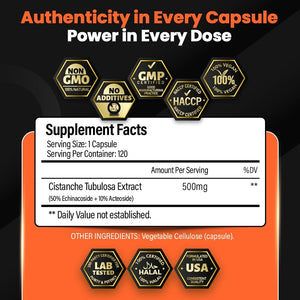 Cistanche Tubulosa Extract 500Mg (120 Servings) - 120 Capsules - 50% Echinacosides,10% Acteosides - Natural Nootropic for Stamina, Immunity & Memory - Hormone Balance - Strength Booster for Men