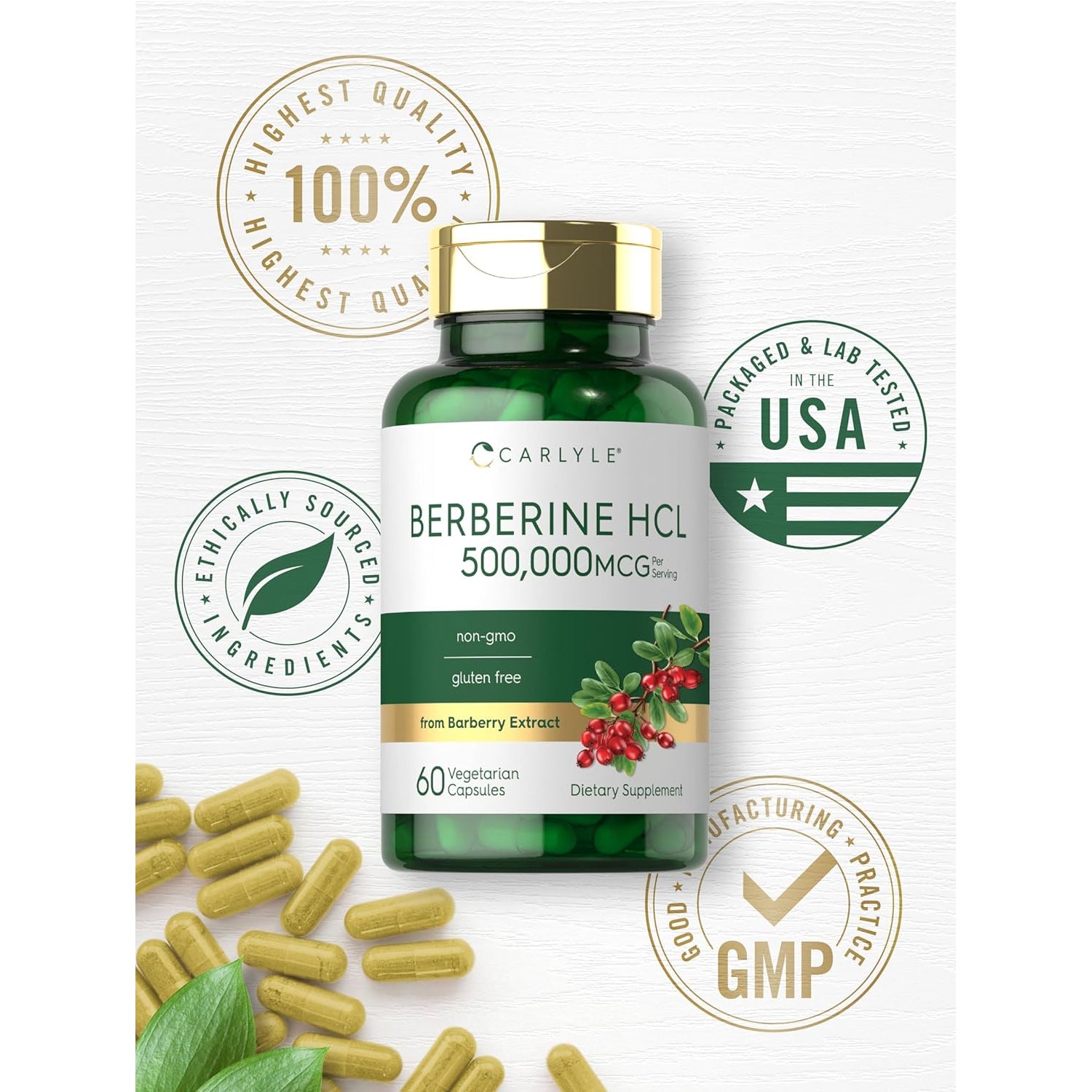Carlyle Berberine HCL Supplement | 500,000Mcg | 60 Capsules | Vegetarian, Non-Gmo, Gluten Free