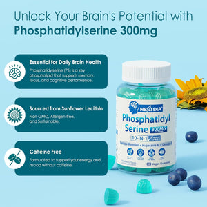 Phosphatidylserine - Nootropic Brian Supplement, Focus & Energy Gummies+ Bacopa Monnieri, Omega 3, Huperzine A, Methyl B12 & B6 for Seniors, Gamers, Workers, Non-Gmo, Caffeine-Free, Sugar Free, 2 Pack
