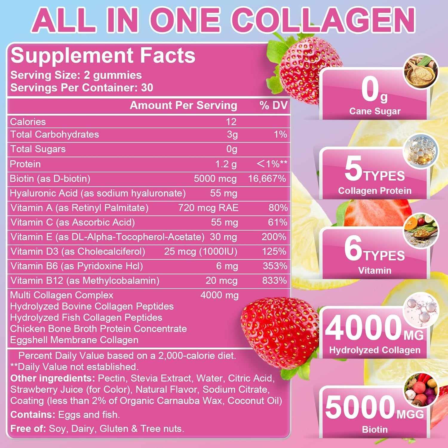 Nature'S Live Multi Collagen Peptides Gummies, Type I, II, III, V, X - Hydrolyzed Collagen Peptides with Biotin, Hyaluronic Acid, Supports Healthy Skin, Strong Nails & Thick Hair, 60 Count, 1 Pack