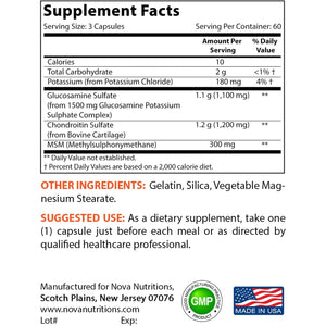 Nova Nutritions Triple Strength Glucosamine Chondroitin MSM 2600Mg/Serving Capsules, Supports Healthy Joint, Cartilage and Connective Tissue - Promotes Joint Comfort & Flexibility 180 Count