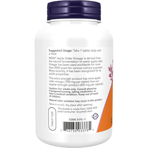 NOW Foods Supplements, Apple Cider Vinegar 750 Mg, from Fermentation of Sweet Apple Cider, Extra Strength, 180 Tablets