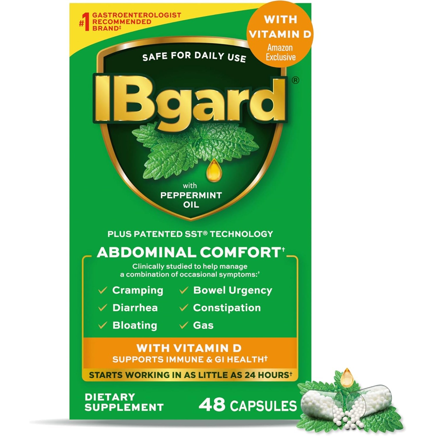 Ibgard with Vitamin D, Peppermint Oil Capsules, Supports Immune and GI Health, 48 Capsules (Amazon Exclusive)