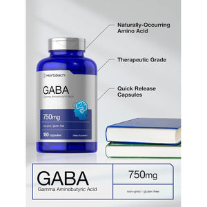 Horbäach GABA 750Mg | 180 Powder Capsules | Gamma Aminobutyric Acid Supplement | Non-Gmo, Gluten Free