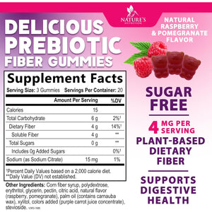 Fiber Gummies – Sugar Free Prebiotic Plant-Based Fiber 4G per Serving Supplement - Improved Soluble Formula Supports Digestive Health & Regularity - Non-Gmo, Natural Berry Flavor Chewable - 60 Gummies