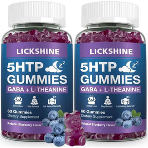 2 Pack 300MG 5-HTP GABA Sleep Supplement Gummies with 200Mg L-Theanine Supplement for Brain, Mood Stabilizer and Sleep Support, Melatonin-Free, Omega 3-6-9 for Natural Zzzs, Blueberry Flavor