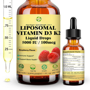 Liquid Vitamin D3 K2 Drops with Calcium Magnesium Omega3, High Potency 5-In-1 D3 K2 Vitamin 5000 IU Supplement for Bone Health, Heart Teeth & Immue, Ultra High Absorption Liposomal D3K2 Plant-Based