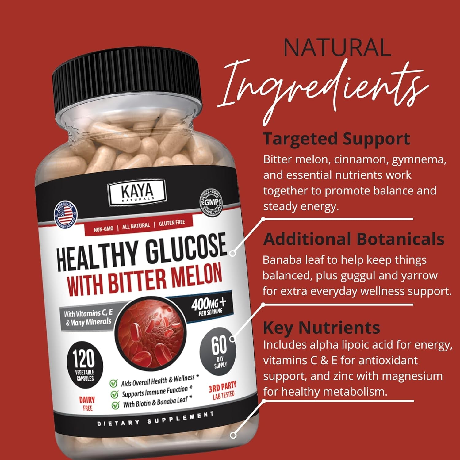 Kaya Naturals Healthy Gluco with Bittermelon Supplement | Support Healthy Levels and Function, 20 Herbs Vitamins and Minerals, Alpha Lipoic Acide, Cinnamon, Vitamin C & E, Non-Gmo (120 Count)