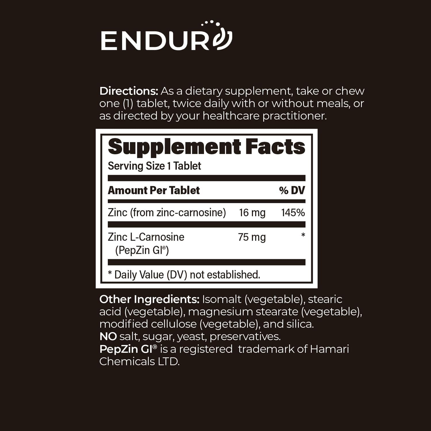 Endur Pepzingi ZINC-CARNOSINE Chewables, Digestive Supplement, Gentle & Effective Formula for Digestive Wellness, Gluten Free, 75Mg (60 Tablets)