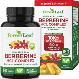 Forestleaf Berberine Supplement - 1300Mg per Serving - Ultra High Potency Berberine Hcl with Ceylon Cinnamon, Bitter Melon & Gymnema - GLP-1 Weight Management Support - 180 Caps