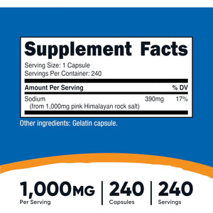 Nutricost Pink Himalayan Salt Capsules 1000Mg, 390Mg Sodium, 240 Capsules - Non-Gmo, Gluten Free