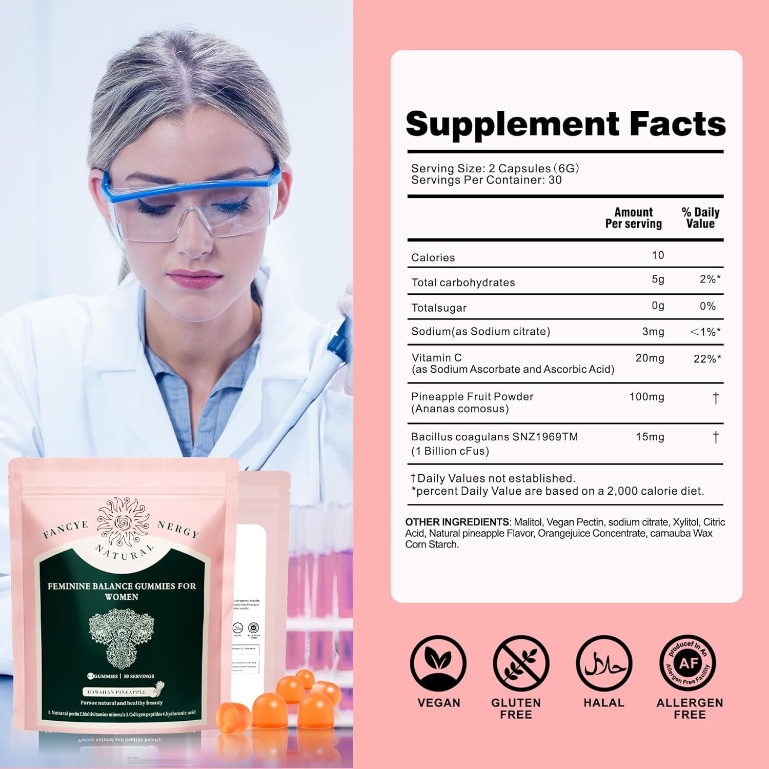 Premium Feminine Balance Gummies for Women - Hawaiian Pineapple Gummies for Women Ph, Support Probiotic - Immune Health - Gluten-Free with Vegetarian Friendly - Vitamin C - 60 Count
