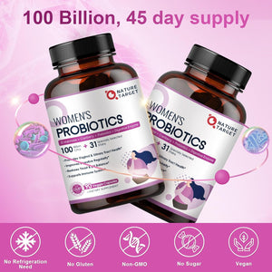 NATURE TARGET Probiotics for Women, 100 Billion Cfus Probiotic with Digestive Enzymes & Prebiotics, Vaginal Probiotics with Cranberry for Urinary Tract Health, Ph Balance, 90 Veggie Capsules