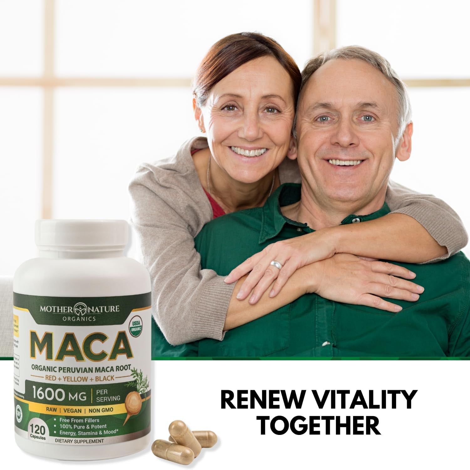 Mother Nature Organic Maca Root Capsules – 1600Mg, 120 Vegan Capsules – Non GMO Peruvian Yellow, Red & Black Maca for Men & Women - Energy, Hormone, Brain & Weight Well-Being
