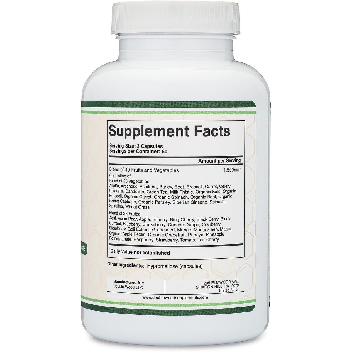 Fruits and Veggies Supplement (Daily Blend of 49 Different Fruits and Vegetables, 23 Veggies and 29 Fruits) 1,500Mg Servings, 180 Capsules (No Fillers, Vegan Safe, Non-Gmo) by Double Wood