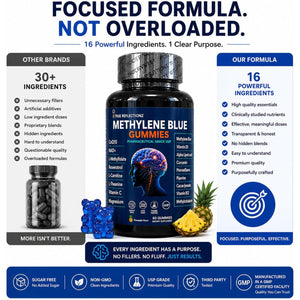 Methylene Blue Gummies 12Mg Cognitive Support W/Added Vitamin C, NAD,L Methylfolate, Methylcobalamin B12, Mitochondrial Support, Brain Health & Focus, Clarity, Methylated Vitamins