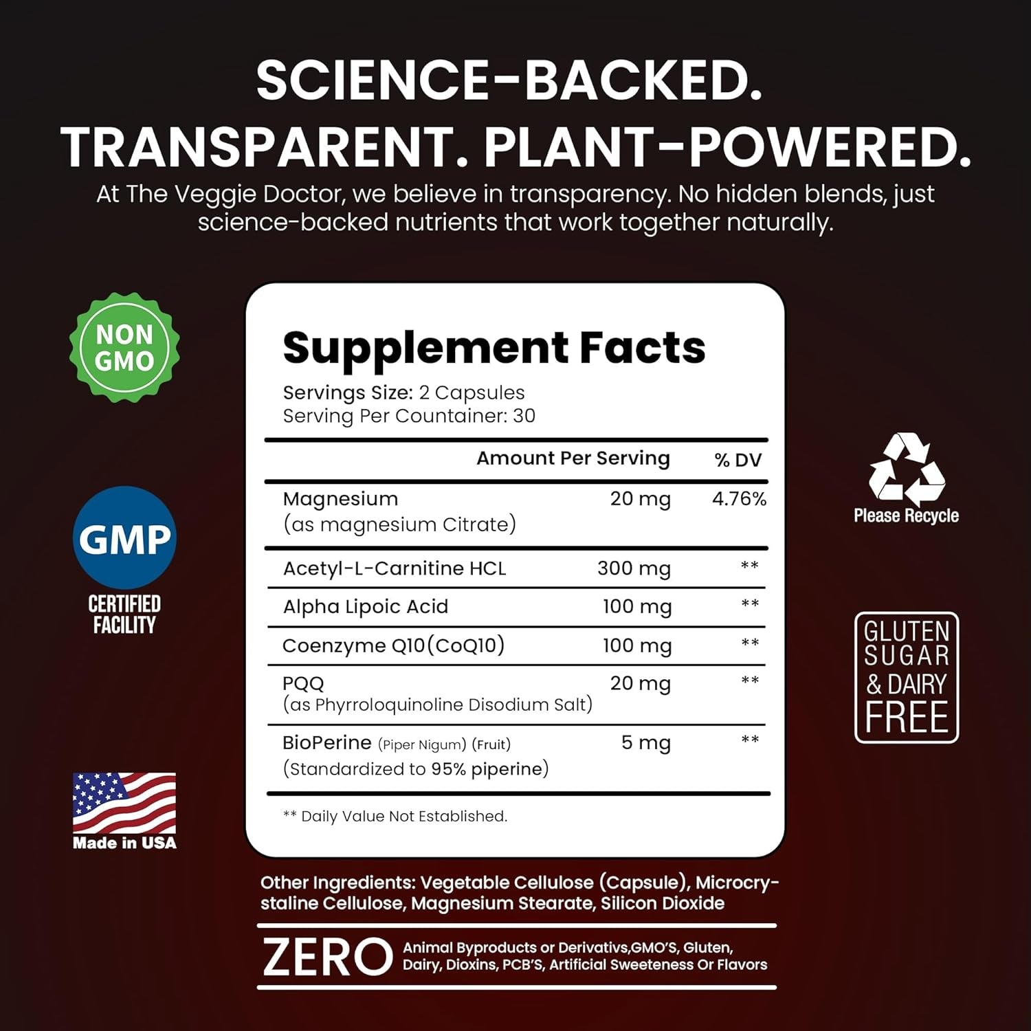 Vegan Mitochondrial Support – Advanced Cellular Wellness & Natural Energy Formula with Coq10, PQQ, Acetyl-L-Carnitine, Alpha-Lipoic Acid, Magnesium, Bioperine® - Daily Support (60 Capsules)