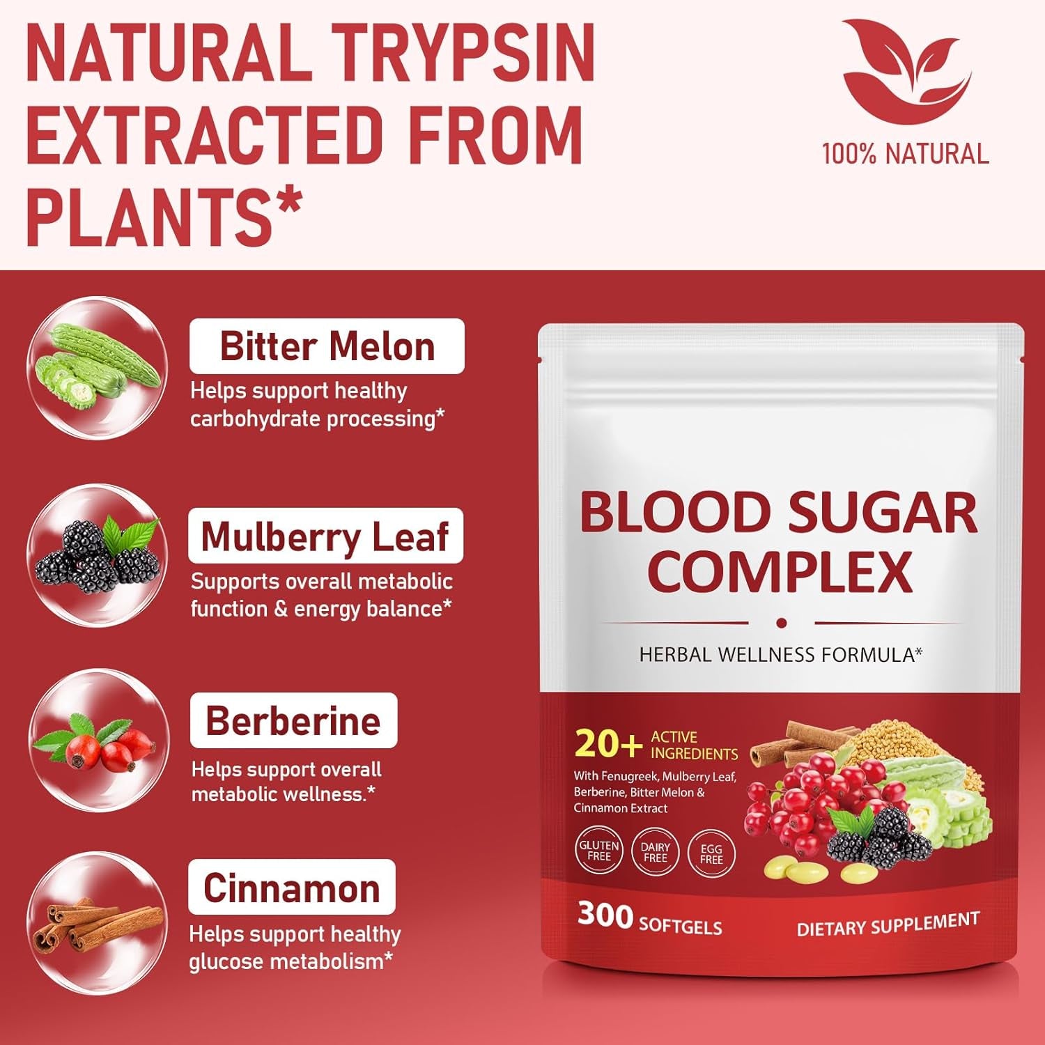 300 Softgels Blood Sugar Complex Supplement | 20+ Active Herbs-Berberine, Ceylon Cinnamon, Bitter Melon, Mulberry Leaf, Fenugreek, Vitamins for Energy Level, Vitality Support | Clean Formula