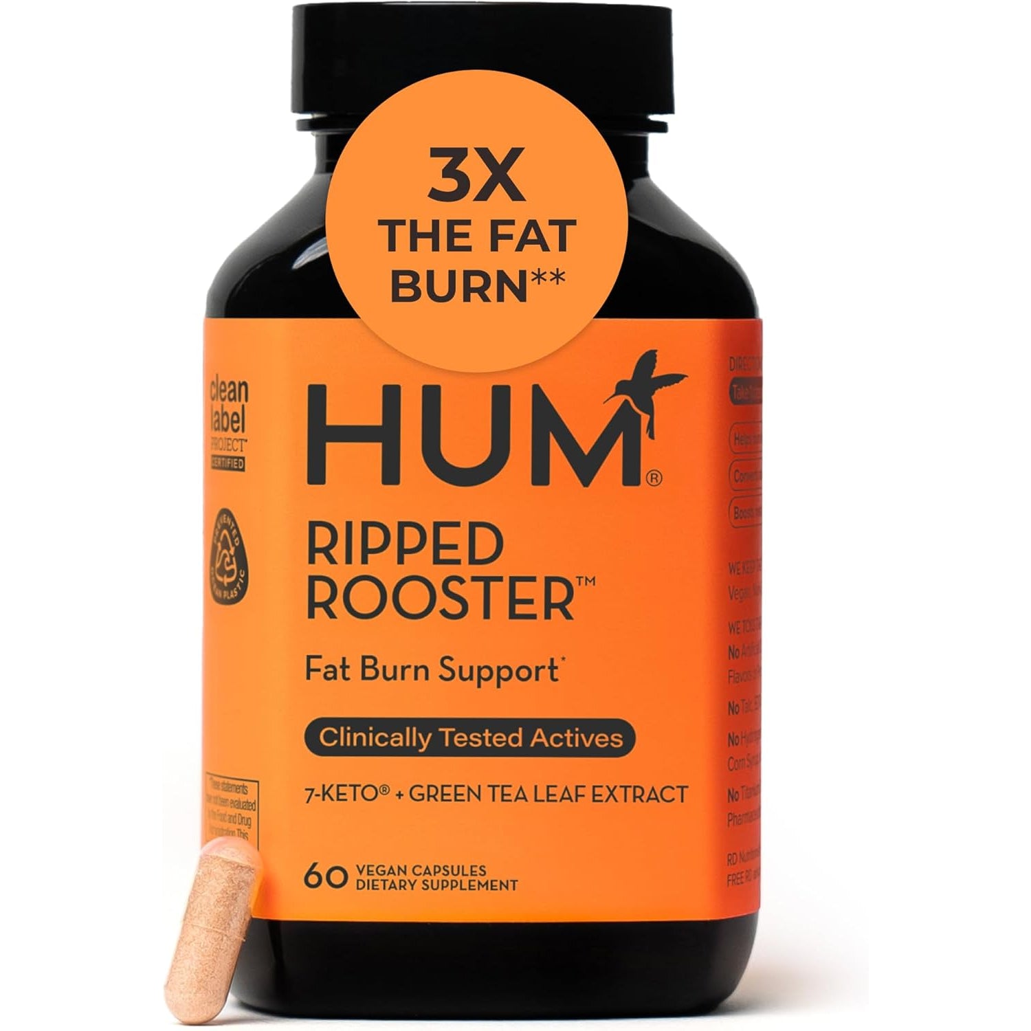 HUM Ripped Rooster Natural Green Tea Extract Capsules with Chromium, 7 Keto DHEA, Gluten Free Vegan Green Tea Supplement to Support Cravings, Healthy Diet & Management, 60 Count
