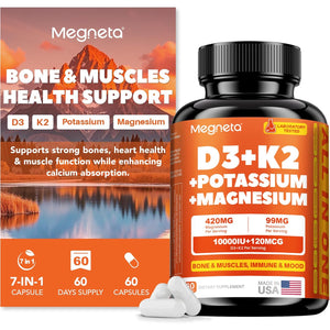 Vitamin D3 K2 (MK-7) 10,000 IU with Magnesium Glycinate & Potassium Supplement - Systemic Complex for Bone, Muscle, Heart, Immune, Energy & Sleep Support – High Absorption, 60 Capsules