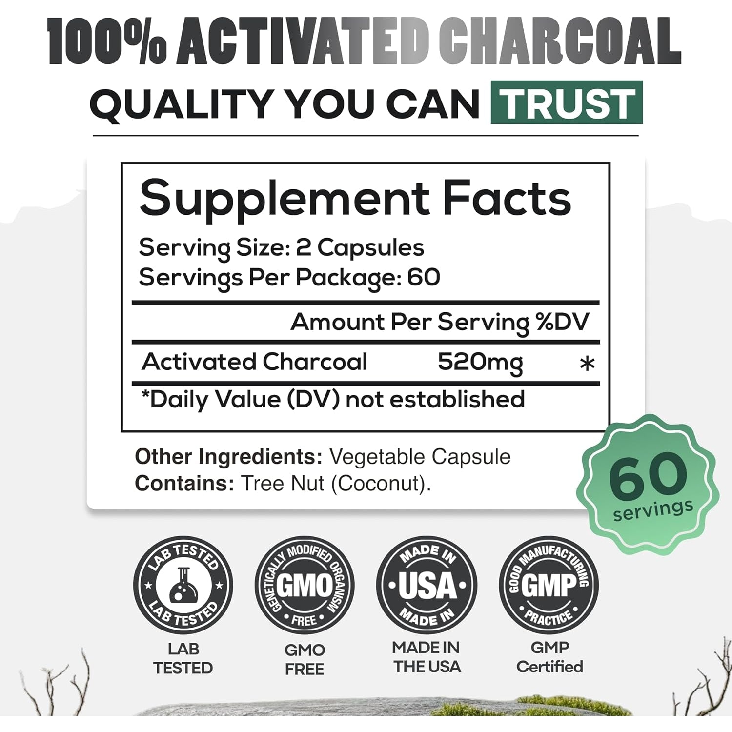 Wild Foods Activated Charcoal Capsules | 100% Organic Coconut Shells Active Tablets | Lab Tested & Non-Gmo Pills | Made in USA (120 Capsules)