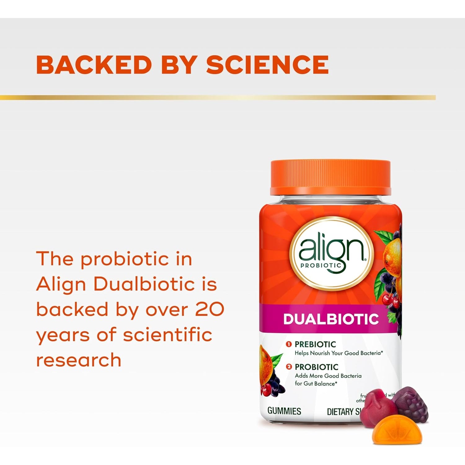 Align Dualbiotic, Prebiotics and Probiotics for Women and Men, Probiotics for Digestive Health, Prebiotics Help Nourish Good Bacteria, Natural Fruit Flavors, 60 Probiotic Gummies