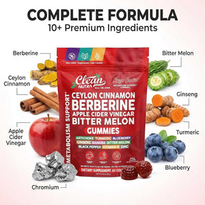 Sugar Savior Ceylon Cinnamon Berberine Gummies Apple Cider Vinegar Artichoke Turmeric Blueberry Ginseng Banaba Bitter Melon Black Pepper Vitamin D Zinc GLP1 Gummies 60 Count by Clean Nutra