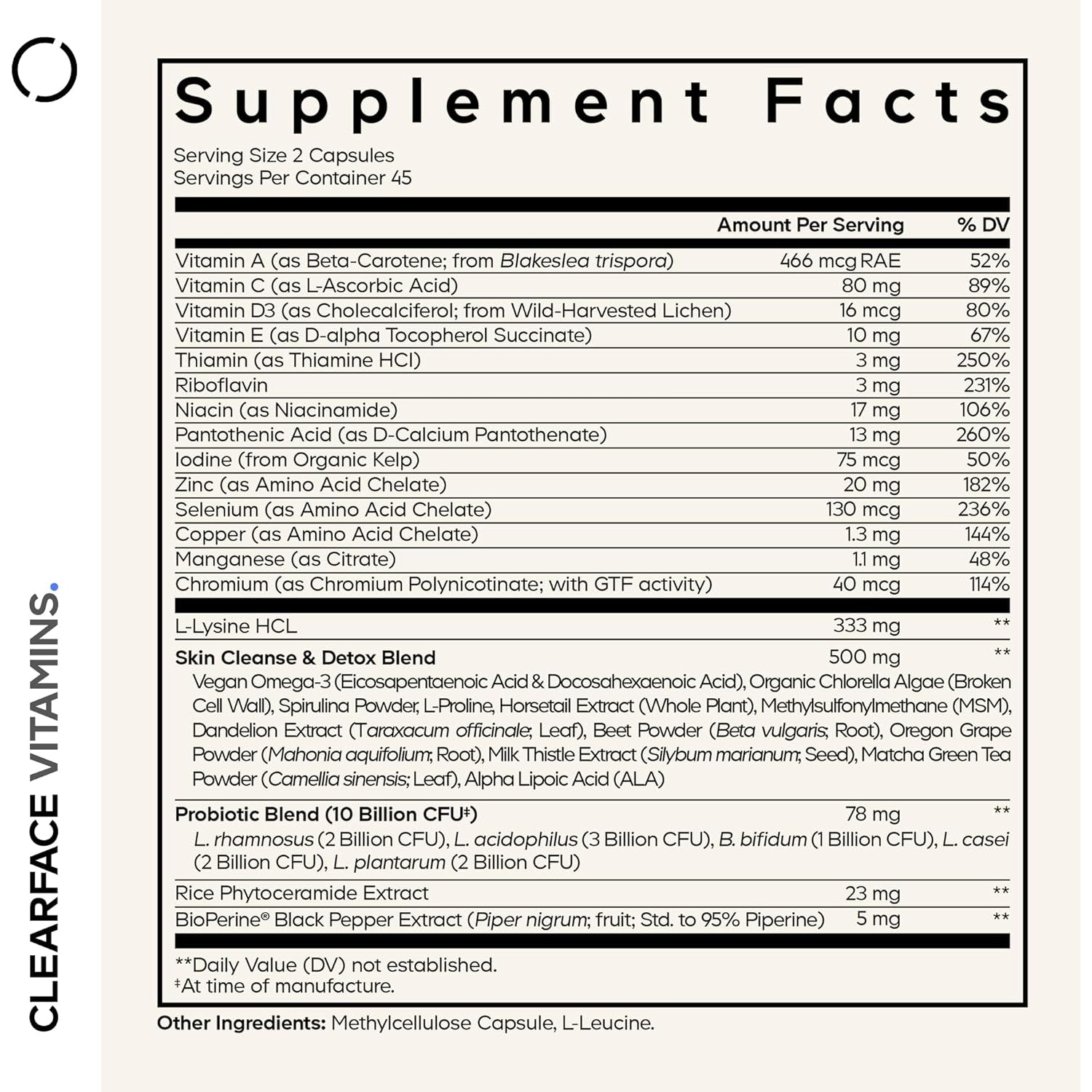 Codeage Clearface Pantothenic Acid, Niacin Supplement, Vitamins A, C, D3, E, Probiotics, Zinc, Riboflavin, Thiamin, L-Lysine HCL & Omega-3, Niacinamide, Skin Botanical Blend - Non-Gmo - 90 Capsules