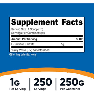 Nutricost L-Carnitine Tartrate Powder (250 Grams) - 1 Gram per Serving, 250 Servings