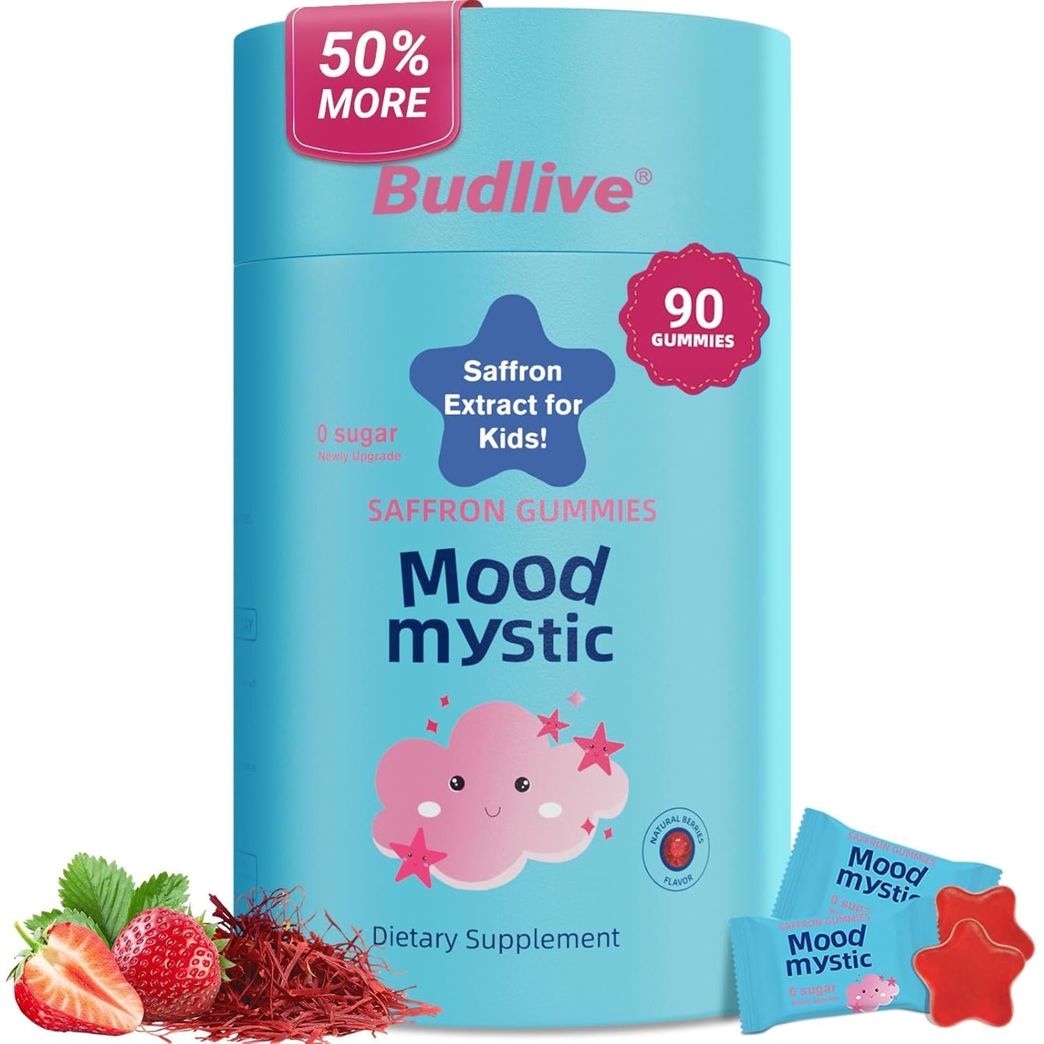 Saffron Gummies for Kids - Saffron Extract Supplements with GABA, Mood Munchies Calms Temper Tantrums, Supports Happy Mood & Cognition, Focus Calm Gummies for Kids 4+, Sugar Free Strawberry, 90 Counts