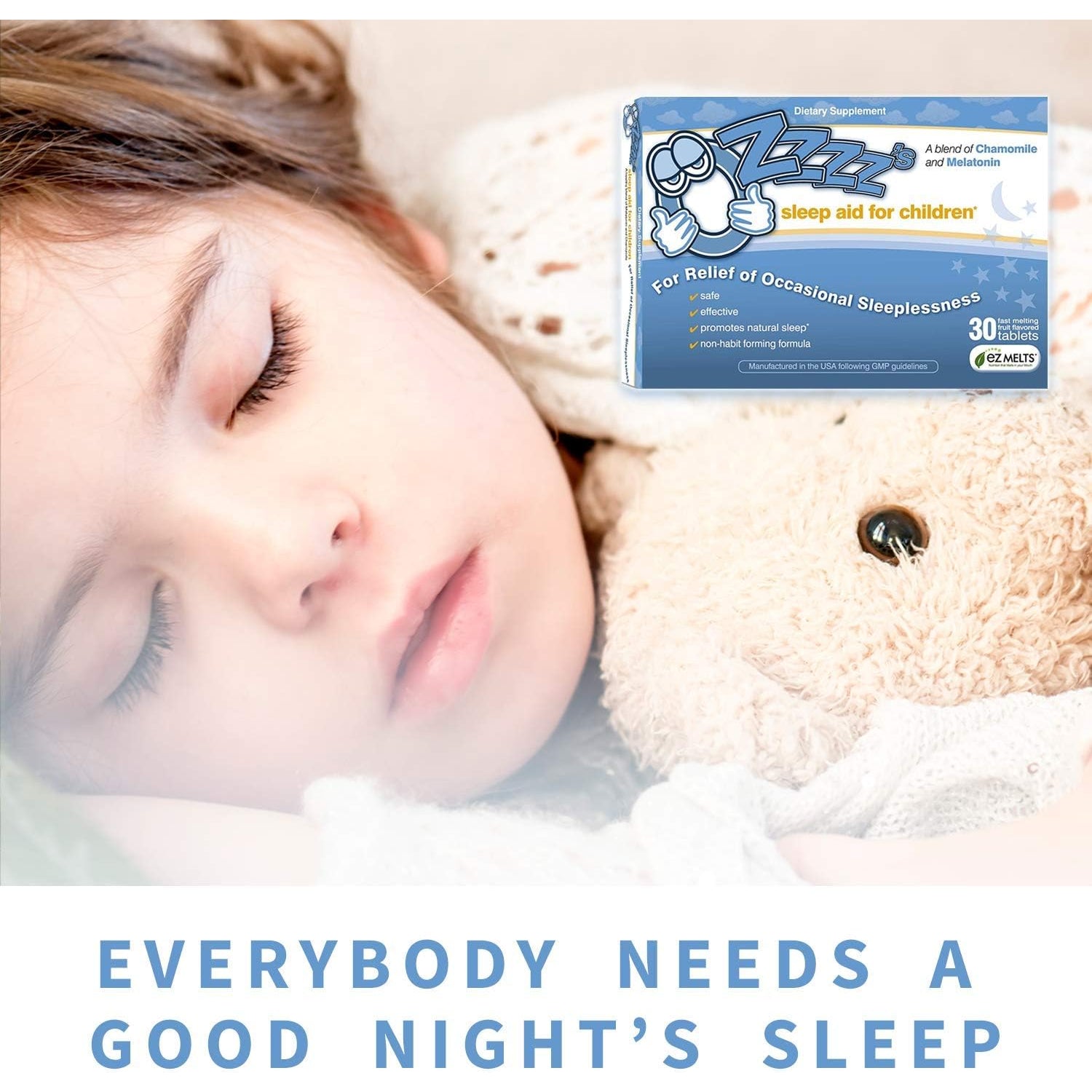 Ozzzz’S Sleep Aid for Children, with Melatonin and Chamomile, Pediatrician Formulated, Zero Sugar, Vegan, Orange Dream Flavor, 30 EZ Melt Tablets