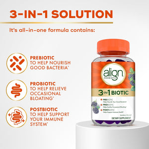 Align Probiotic, 3-In-1 Biotic Gummies, Prebiotic + Probiotic + Postbiotic, #1 Doctor Recommended Probiotic Brand‡, Helps Relieve Occasional Bloating*, Blackberry Flavor, 50 Gummies