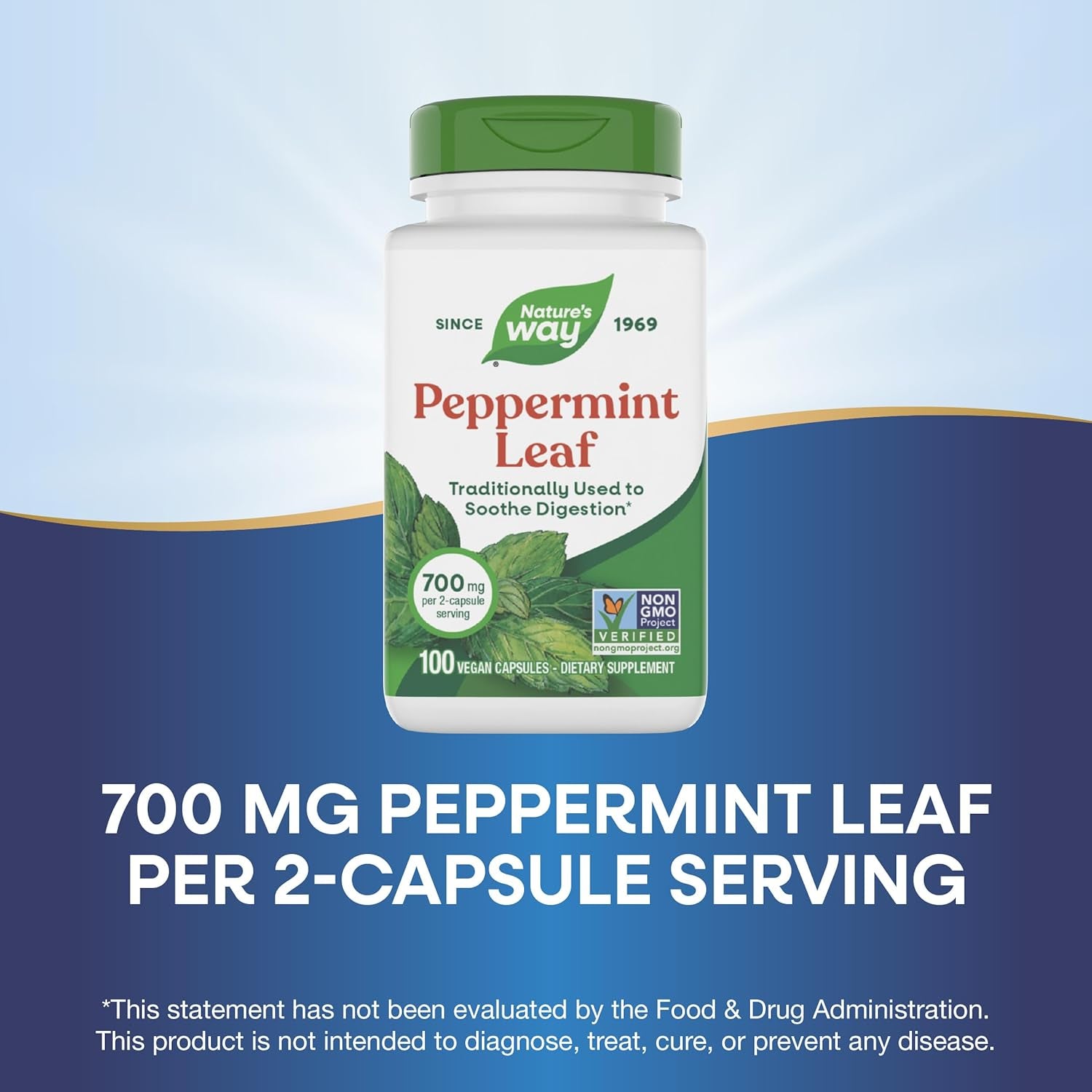 Nature'S Way Peppermint Leaf, Traditionally Used to Soothe Digestion*, 700 Mg per 2-Capsule Serving, Peppermint Supplement, Non-Gmo Project Verified, 100 Vegan Capsules (Packaging May Vary)