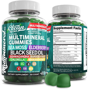 Sea Moss Gummies | Clinically Tested - Black Seed Oil Ashwagandha Elderberry Burdock Root Chlorella Manuka Honey - Vegan Irish Sea Moss Gummy Vitamins for Adults Kids Men Women - Green Apple Flavor
