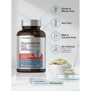 Horbäach Glucosamine HCL | with Hyaluronic Acid | 2000Mg | 120 Coated Caplets | Non-Gmo & Gluten Free Supplement