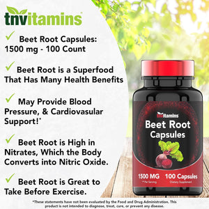 Beet Root Capsules 1500 Mg - 100 Capsules | Beet Root Powder Extract Capsules | Non-Gmo & Gluten-Free | Produced in the USA | Tnvitamins