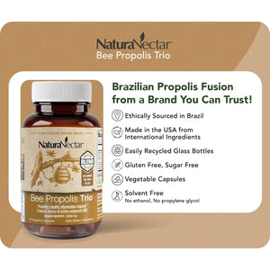 Naturanectar - Bee Propolis Trio Capsules, NSF Certified Premium Brazilian Propolis - Gluten-Free Supplements with More Diverse Flavonoids & PWE - Naturally Sourced through Ethical Beekeeping (60Pcs.)