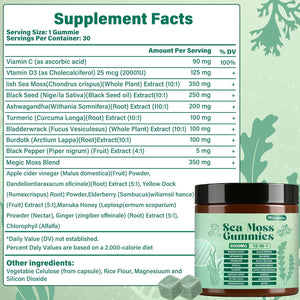 Sea Moss Gummies,16-In-1,Bladder Wrack Turmeric Vitamin C & D3 with Manuka Burdock,30 Gummies